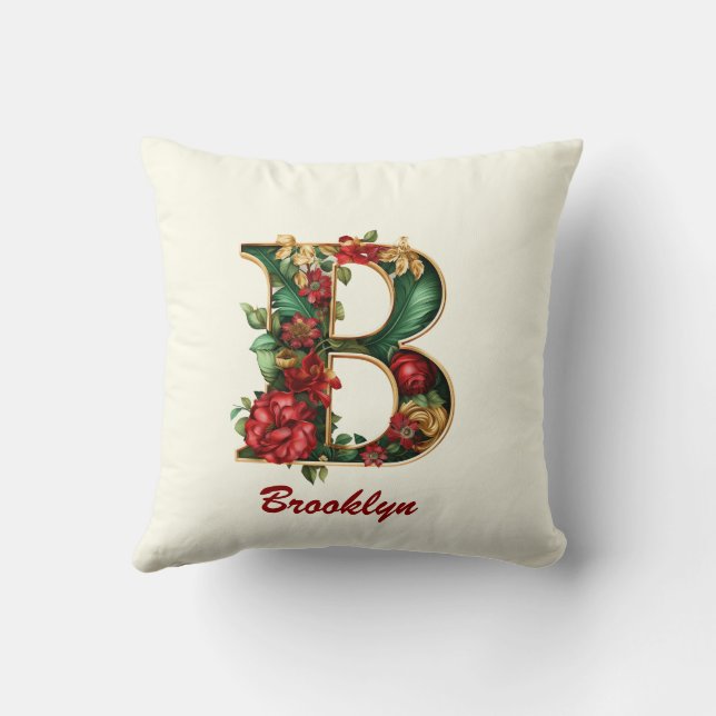 Custom Ornate Monogram B Christmas Ivory Throw Pillow (Back)