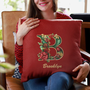 Custom Ornate Monogram B Christmas Red Gold Throw Pillow