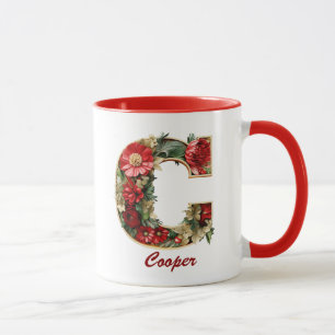 Custom Ornate Monogram C Christmas Red Gold Mug