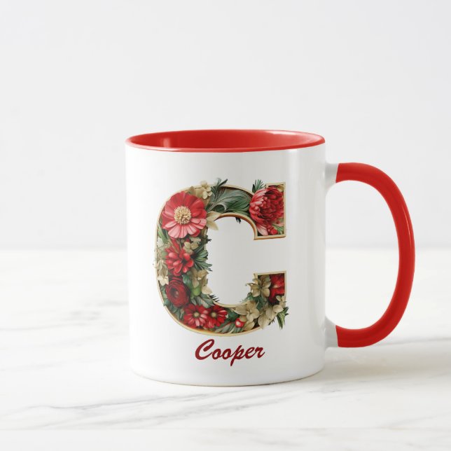 Custom Ornate Monogram C Christmas Red Gold Mug (Right)