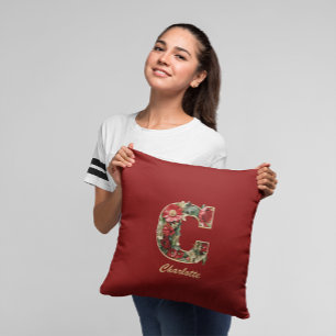 Custom Ornate Monogram C Christmas Red Gold Throw Pillow