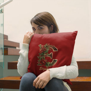 Custom Ornate Monogram E Christmas Red Gold Throw Pillow