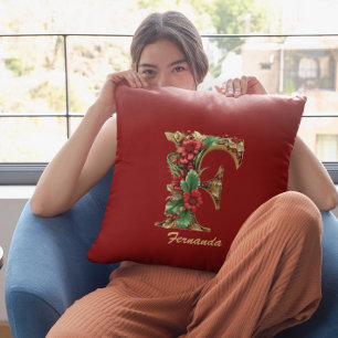 Custom Ornate Monogram F Christmas Red Gold Throw Pillow
