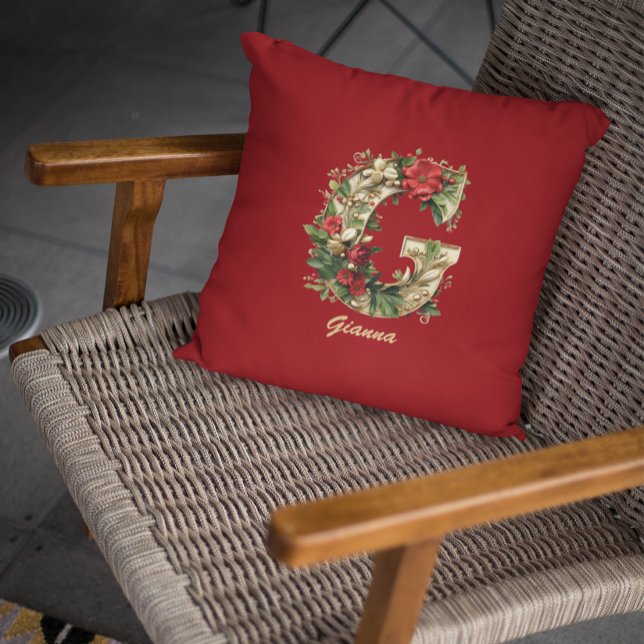 Custom Ornate Monogram G Christmas Red Gold Throw Pillow (Creator Uploaded)
