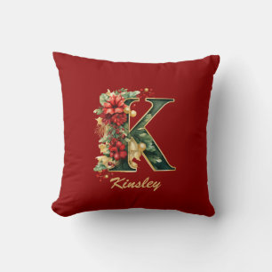Custom Ornate Monogram K Christmas Red Gold Throw Pillow