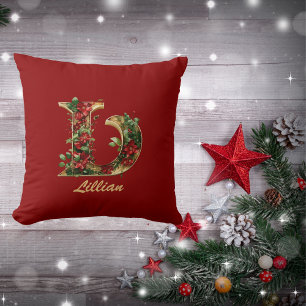 Custom Ornate Monogram L Christmas Red Gold Throw Pillow