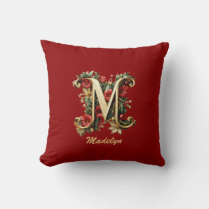 Custom Ornate Monogram M Christmas Red Gold Throw Pillow