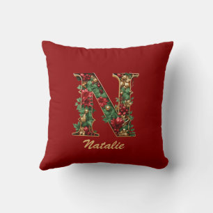 Custom Ornate Monogram N Christmas Red Gold Throw Pillow