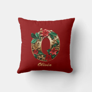 Custom Ornate Monogram O Christmas Red Gold Throw Pillow