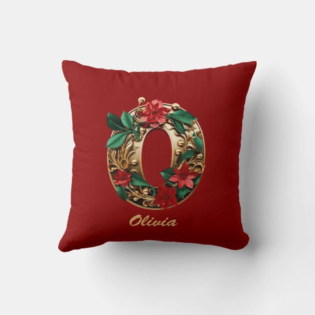 Custom Ornate Monogram O Christmas Red Gold Throw Pillow (Back)