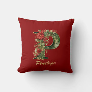 Custom Ornate Monogram P Christmas Red Gold Throw Pillow