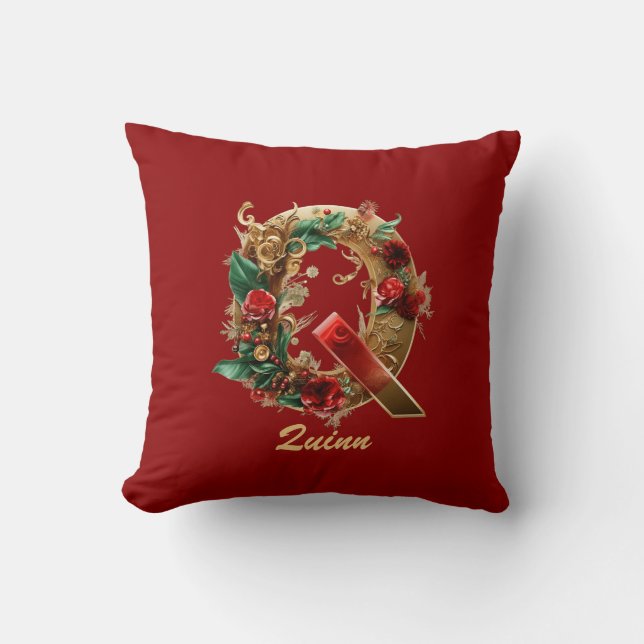 Custom Ornate Monogram Q Christmas Red Gold Throw Pillow (Front)