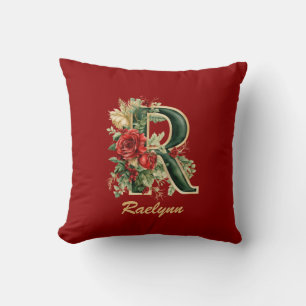 Custom Ornate Monogram R Christmas Red Gold Throw Pillow