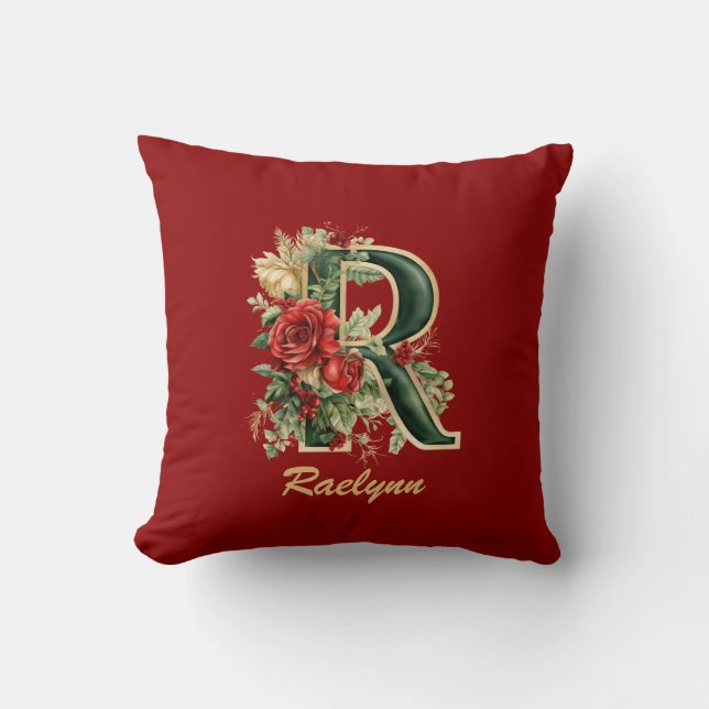 Custom Ornate Monogram R Christmas Red Gold Throw  Throw Pillow (Front)