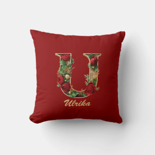 Custom Ornate Monogram U Christmas Red Gold Throw  Throw Pillow