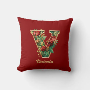 Custom Ornate Monogram V Christmas Red Gold Throw  Pillow