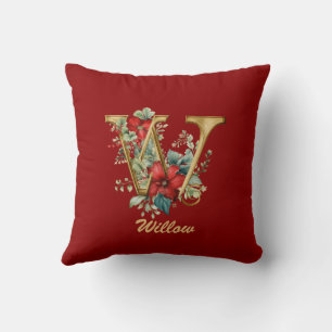 Custom Ornate Monogram W Christmas Red Gold Throw  Throw Pillow