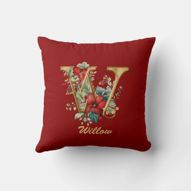 Custom Ornate Monogram W Christmas Red Gold Throw  Throw Pillow (Back)