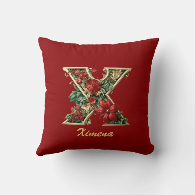 Custom Ornate Monogram X Christmas Red Gold Throw  Throw Pillow (Back)