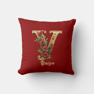 Custom Ornate Monogram Y Christmas Red Gold Throw Pillow