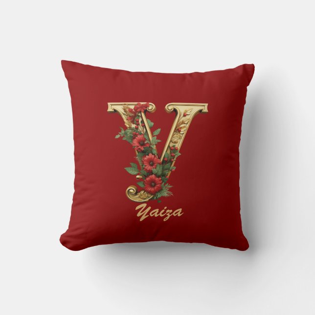 Custom Ornate Monogram Y Christmas Red Gold Throw  Pillow (Front)
