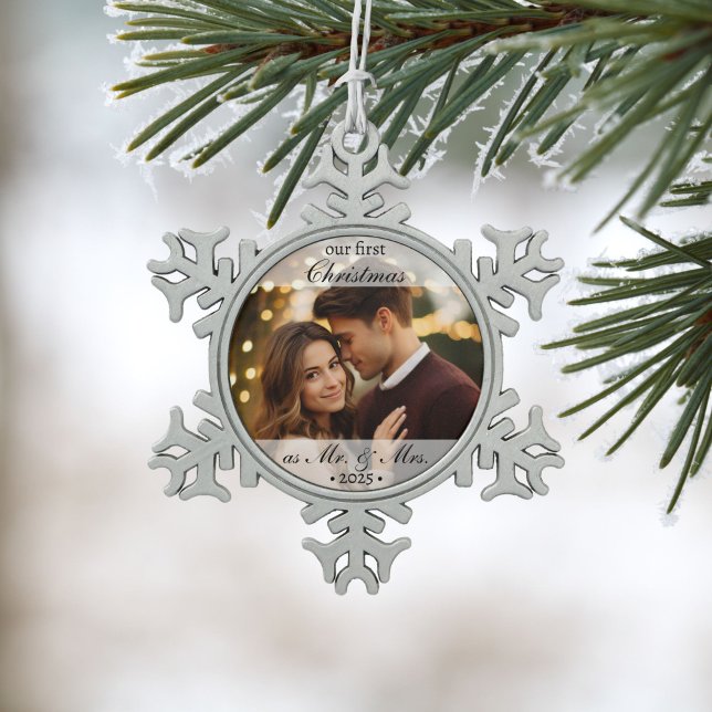 Custom Our First Christmas as Mr. & Mrs. 2025 Snowflake Pewter Christmas Ornament (Creator Uploaded)