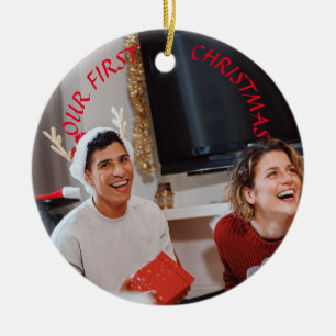 Custom Our First Christmas Couple Photo Two Sided Ceramic Ornament