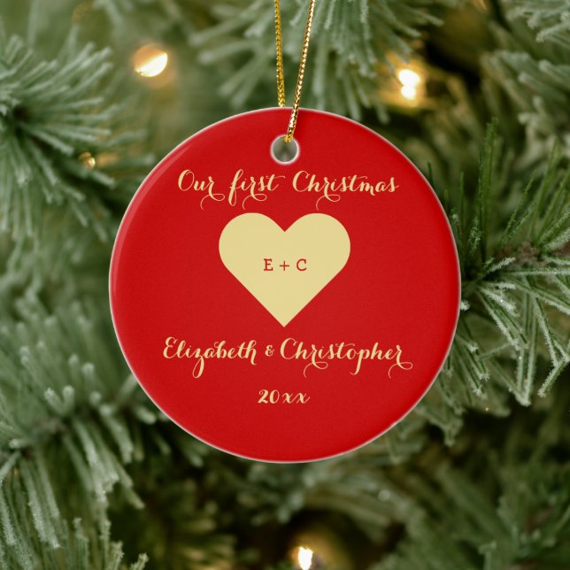 Custom Our First Christmas Mr Mrs Married Heart Ceramic Ornament (Tree)