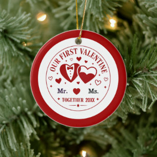 Custom Our First Valentine Romantic Red Hearts Ceramic Ornament