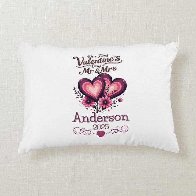 Custom Our First Valentines Day Mr & Mrs Accent Pillow (Front)