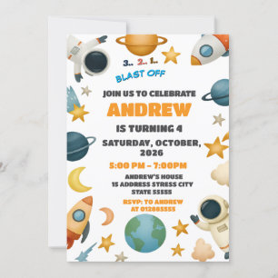 Custom Outer Space Blast Off Rocket Ship Birthday Invitation