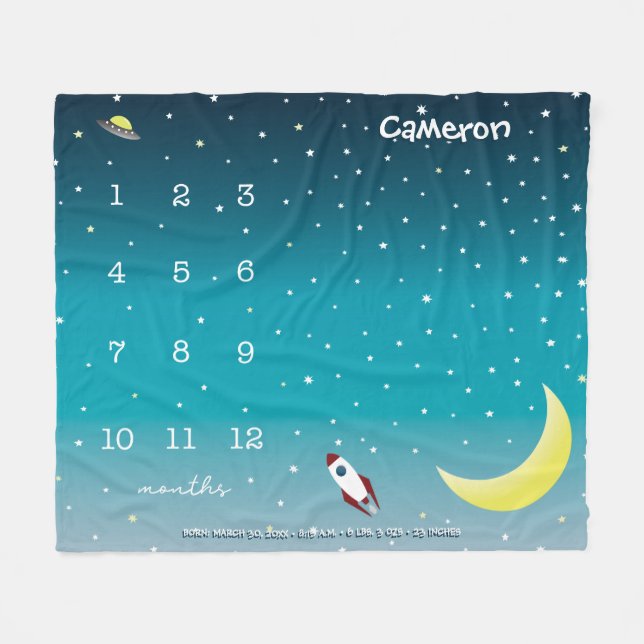 Custom Outer space ombre blue white Milestone baby Fleece Blanket (Front (Horizontal))
