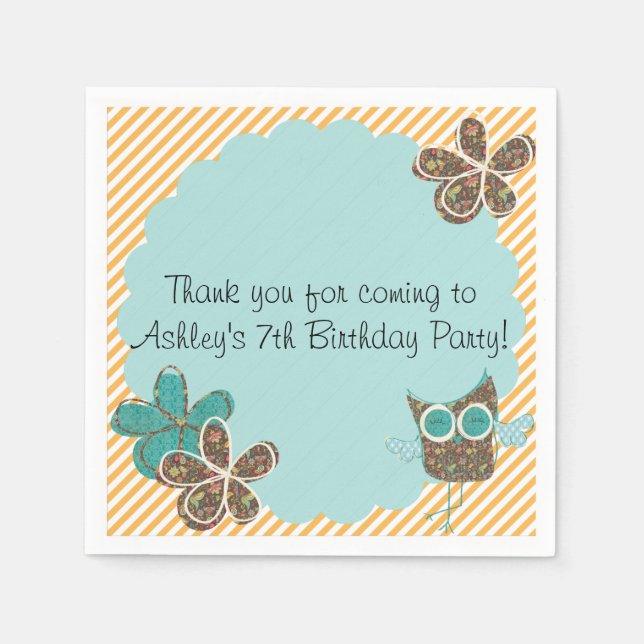 Custom Owl Birthday Party Paper Napkins (Front)