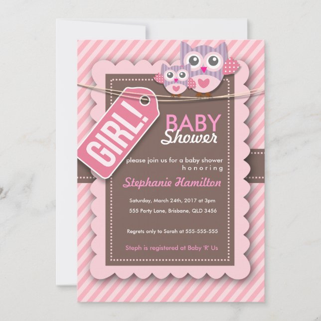 Custom owl stripes baby girl shower string invitation (Front)