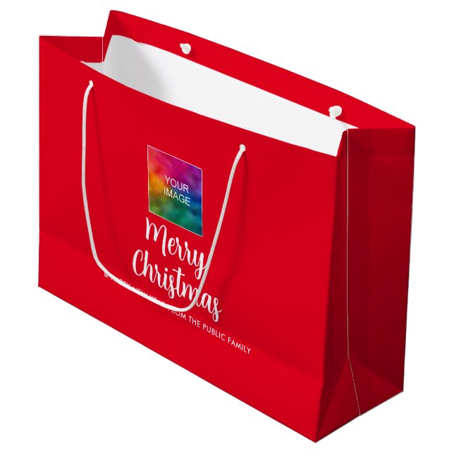 Custom Own Image Company Logo Text Merry Christmas Large Gift Bag (Front Angled)