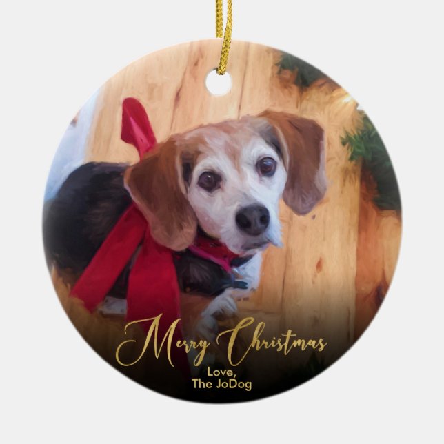 Custom Own Pet Photo Elegant Gold Script Christmas Ceramic Ornament (Front)