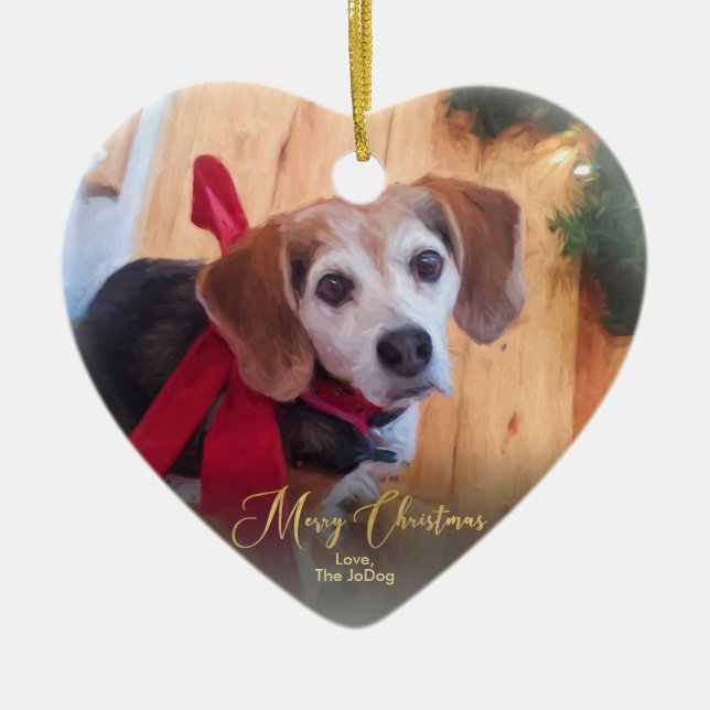 Custom Own Pet Photo Elegant Gold Script Christmas Ceramic Ornament (Front)