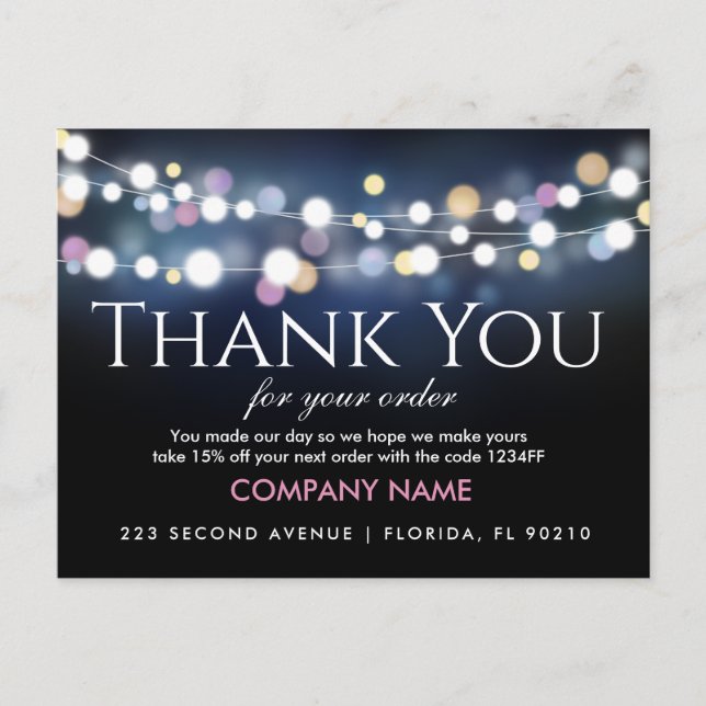 Custom Packaging Insert Card – Navy Bokeh Design (Front)