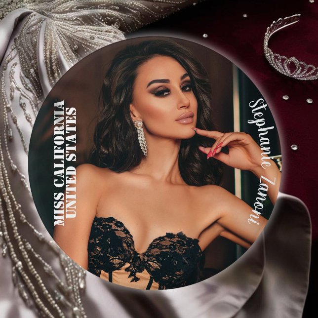 Custom Pageant Button Pin - Choose Your Size (This custom photo pageant button features light text and your image to commemorate your reign)