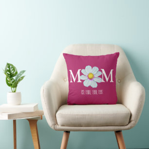 Custom Painted Pink & White Floral Mom Est Throw Pillow