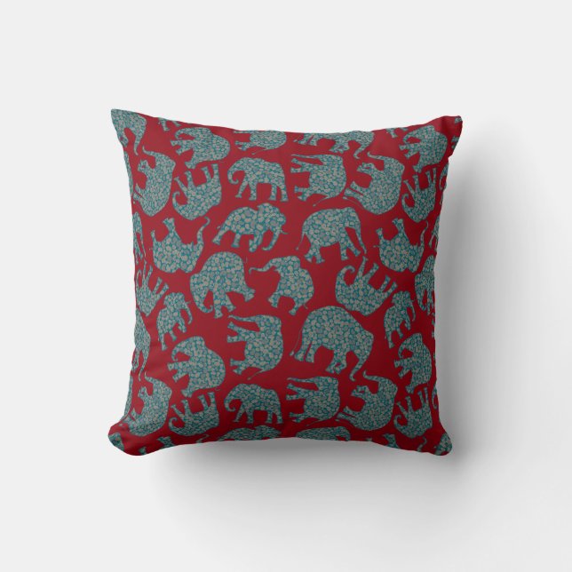 Custom Paisley Elephants on Red Pillow or Cushion (Front)