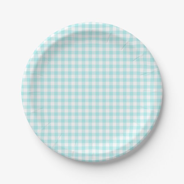 Custom Pale Turquoise Gingham Paper Plate (Front)