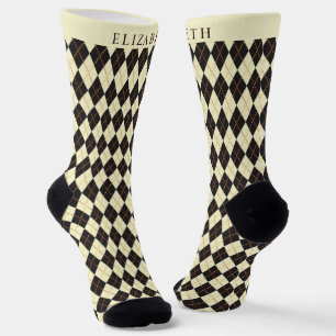 Custom Pale Yellow Black Argyle Pattern Socks