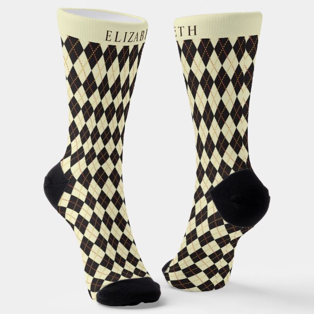 Custom Pale Yellow Black Argyle Pattern Socks (Angled)
