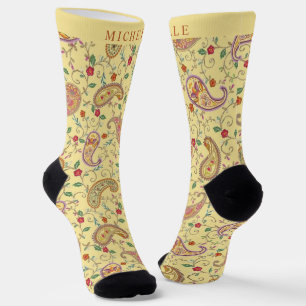 Custom Pale Yellow Gold Paisley Pattern Socks