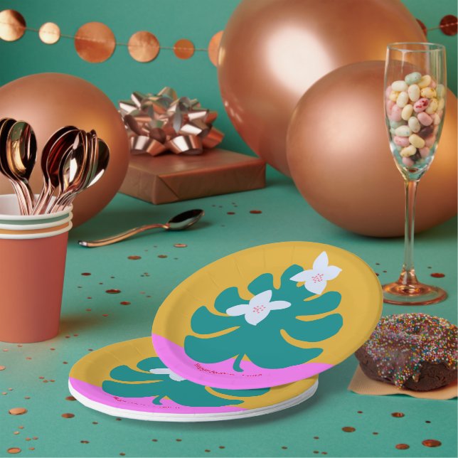 Custom palm name birthday modern party paper plate (Multi)