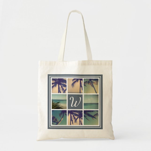 Custom palm photo collage beach wedding tote bags (Front)