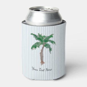 Custom Palm Tree Island Painting Blue Stripe Can Cooler