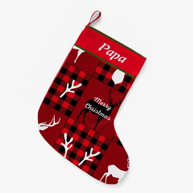 Custom Papa Christmas trendy cute buffalo plaid Small Christmas Stocking (Front (Hanging))