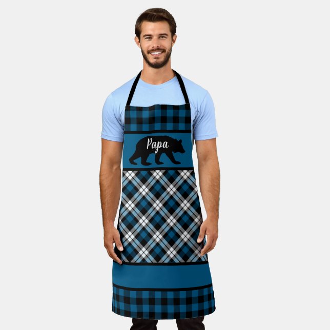 Custom Papa Mama Bear On Blue Black Buffalo Checks Apron (Worn)